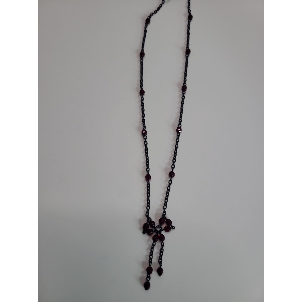 Gunmetal Dark Red Beaded Necklace Faceted Dangle Cluster Statement Jewelry